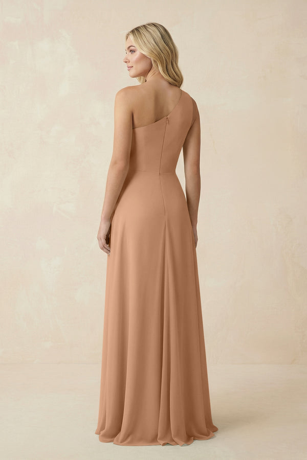 One - Shoulder Ruched A - Line Chiffon Bridesmaid Dress in Bronzer - KissProm Bridesmaid Dresses