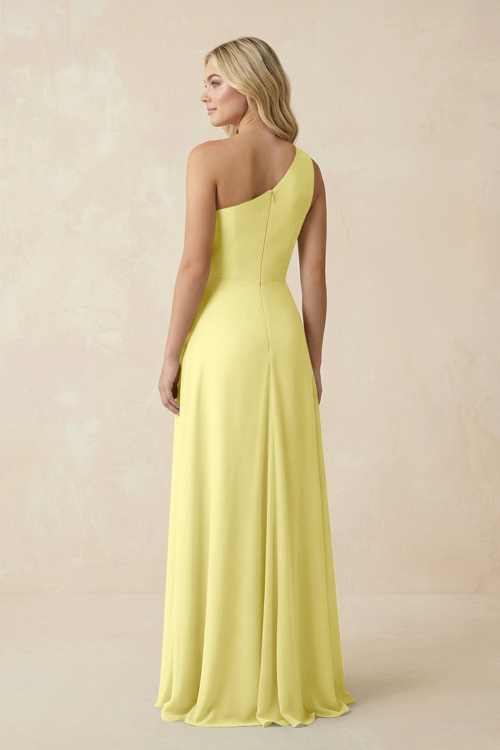 One - Shoulder Ruched A - Line Chiffon Bridesmaid Dress in Buttercup - KissProm Bridesmaid Dresses