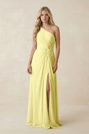 One - Shoulder Ruched A - Line Chiffon Bridesmaid Dress in Buttercup - KissProm Bridesmaid Dresses