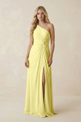 One - Shoulder Ruched A - Line Chiffon Bridesmaid Dress in Buttercup - KissProm Bridesmaid Dresses