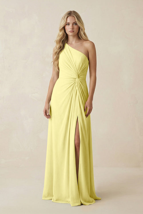 One - Shoulder Ruched A - Line Chiffon Bridesmaid Dress in Buttercup - KissProm Bridesmaid Dresses
