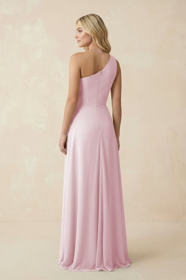 One - Shoulder Ruched A - Line Chiffon Bridesmaid Dress in Candy Pink - KissProm Bridesmaid Dresses