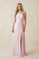 One - Shoulder Ruched A - Line Chiffon Bridesmaid Dress in Candy Pink - KissProm Bridesmaid Dresses