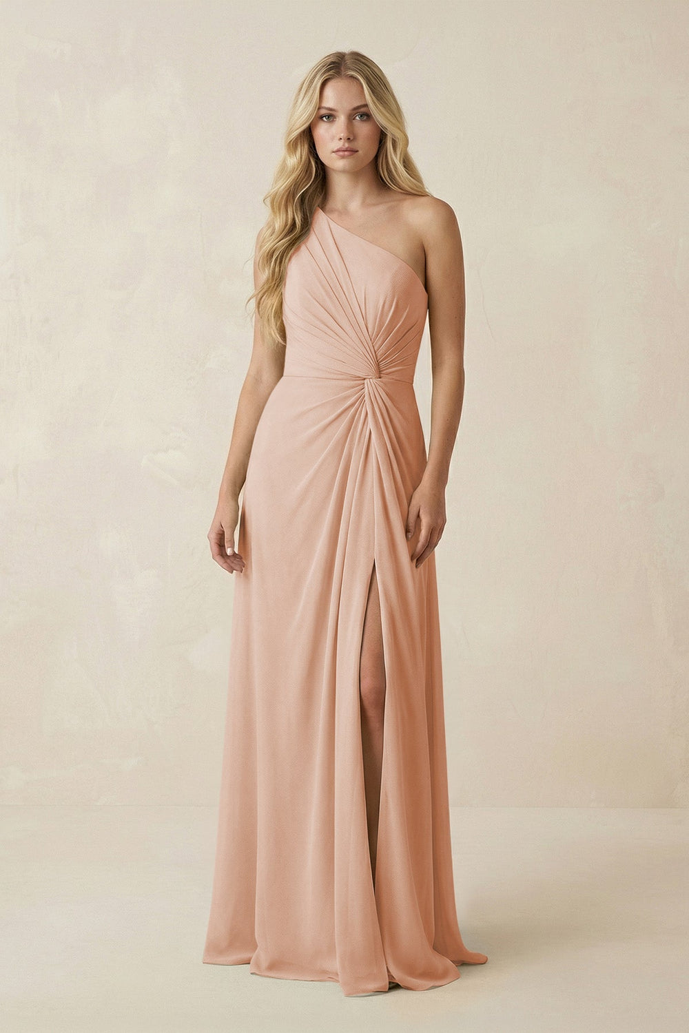 One - Shoulder Ruched A - Line Chiffon Bridesmaid Dress in Champagne Rose - KissProm Bridesmaid Dresses