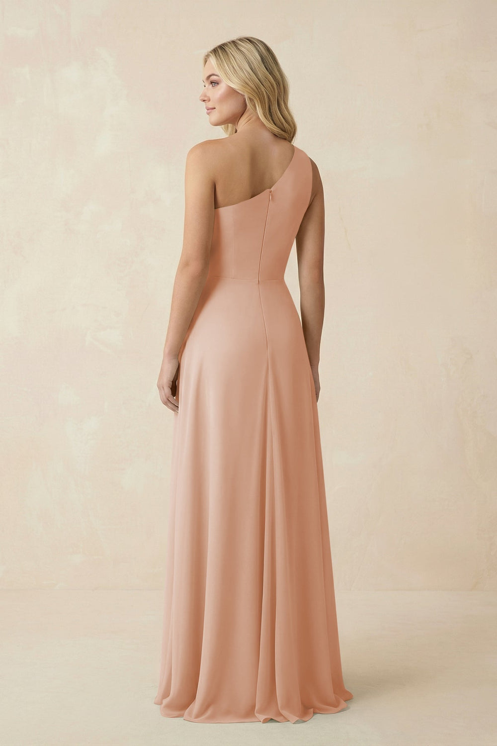 One - Shoulder Ruched A - Line Chiffon Bridesmaid Dress in Champagne Rose - KissProm Bridesmaid Dresses