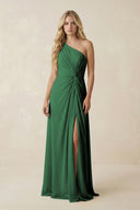 One - Shoulder Ruched A - Line Chiffon Bridesmaid Dress in Dark Green - KissProm Bridesmaid Dresses