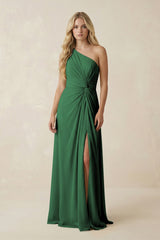 One - Shoulder Ruched A - Line Chiffon Bridesmaid Dress in Dark Green - KissProm Bridesmaid Dresses