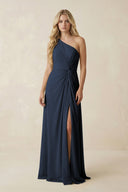 One - Shoulder Ruched A - Line Chiffon Bridesmaid Dress in Dark Navy - KissProm Bridesmaid Dresses