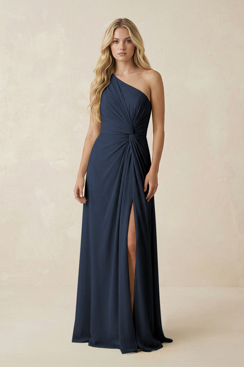 One - Shoulder Ruched A - Line Chiffon Bridesmaid Dress in Dark Navy - KissProm Bridesmaid Dresses