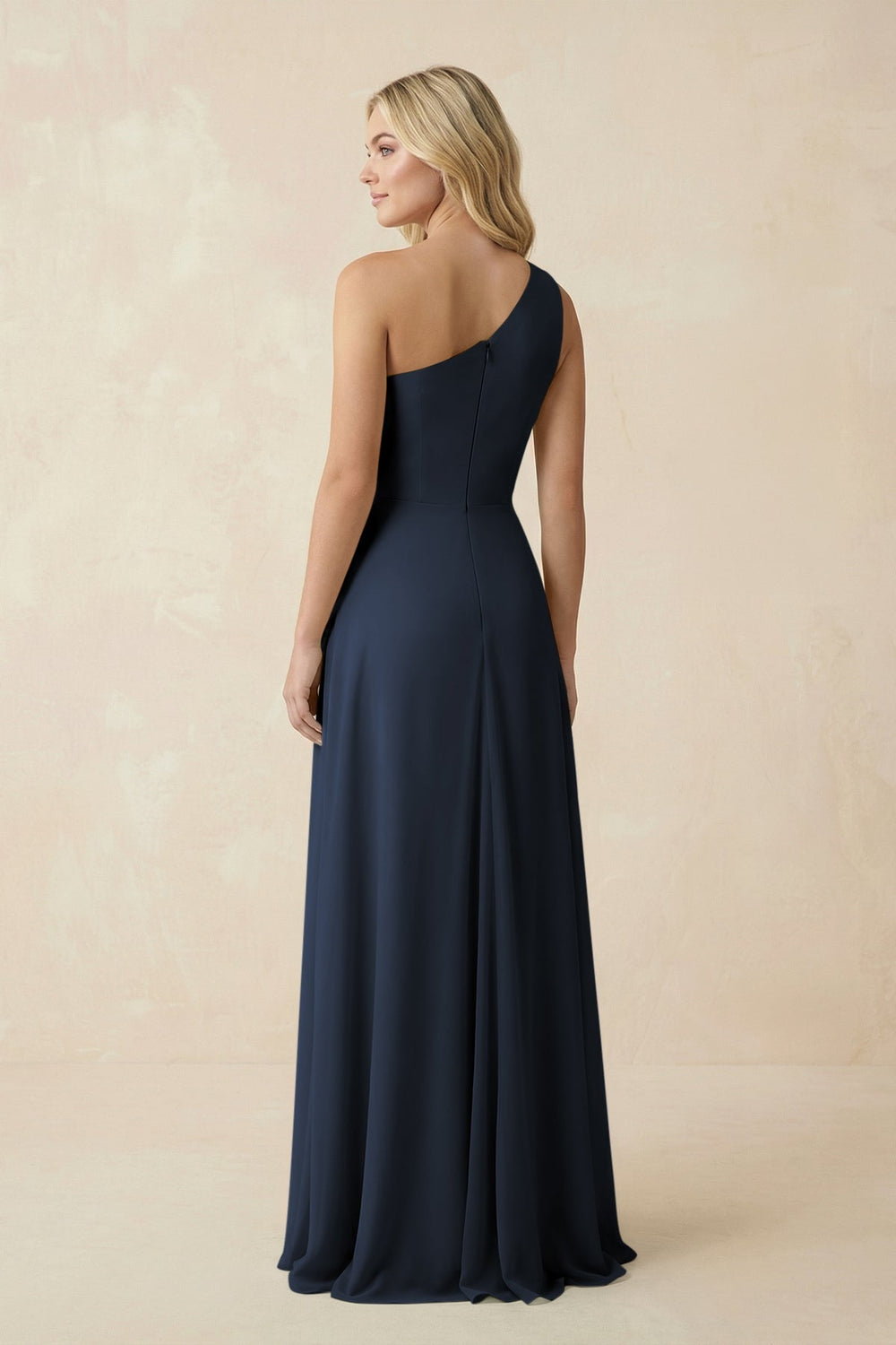 One - Shoulder Ruched A - Line Chiffon Bridesmaid Dress in Dark Navy - KissProm Bridesmaid Dresses