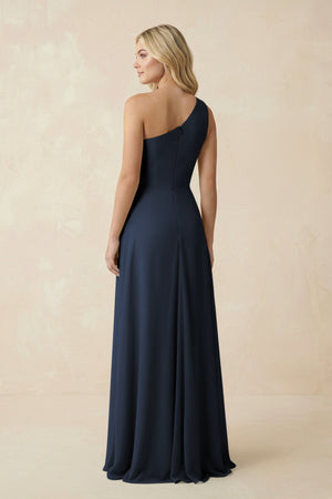 One - Shoulder Ruched A - Line Chiffon Bridesmaid Dress in Dark Navy - KissProm Bridesmaid Dresses