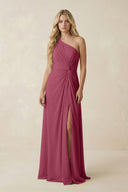 One - Shoulder Ruched A - Line Chiffon Bridesmaid Dress in Desert Rose - KissProm Bridesmaid Dresses