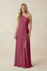 One - Shoulder Ruched A - Line Chiffon Bridesmaid Dress in Desert Rose - KissProm Bridesmaid Dresses