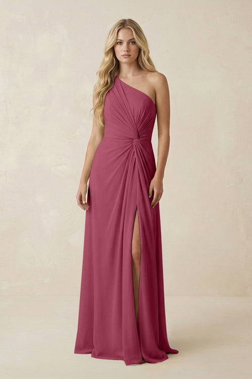 One - Shoulder Ruched A - Line Chiffon Bridesmaid Dress in Desert Rose - KissProm Bridesmaid Dresses