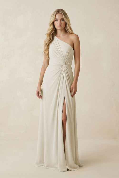 One - Shoulder Ruched A - Line Chiffon Bridesmaid Dress in Dove Gray - KissProm Bridesmaid Dresses