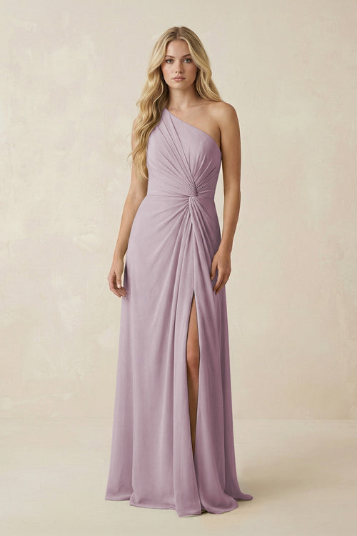 One - Shoulder Ruched A - Line Chiffon Bridesmaid Dress in Dusk - KissProm Bridesmaid Dresses