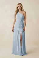 One - Shoulder Ruched A - Line Chiffon Bridesmaid Dress in Dusty Blue - KissProm Bridesmaid Dresses