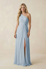One - Shoulder Ruched A - Line Chiffon Bridesmaid Dress in Dusty Blue - KissProm Bridesmaid Dresses