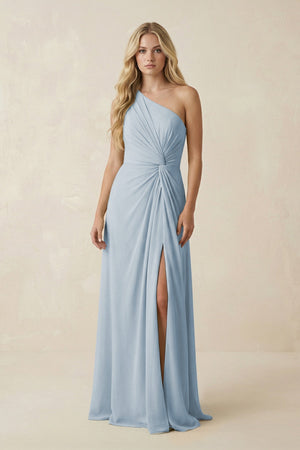 One - Shoulder Ruched A - Line Chiffon Bridesmaid Dress in Dusty Blue - KissProm Bridesmaid Dresses