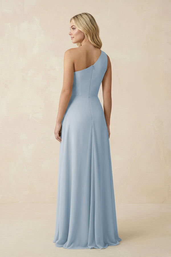 One - Shoulder Ruched A - Line Chiffon Bridesmaid Dress in Dusty Blue - KissProm Bridesmaid Dresses