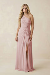 One - Shoulder Ruched A - Line Chiffon Bridesmaid Dress in Dusty Rose - KissProm Bridesmaid Dresses