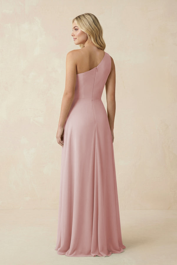 One - Shoulder Ruched A - Line Chiffon Bridesmaid Dress in Dusty Rose - KissProm Bridesmaid Dresses