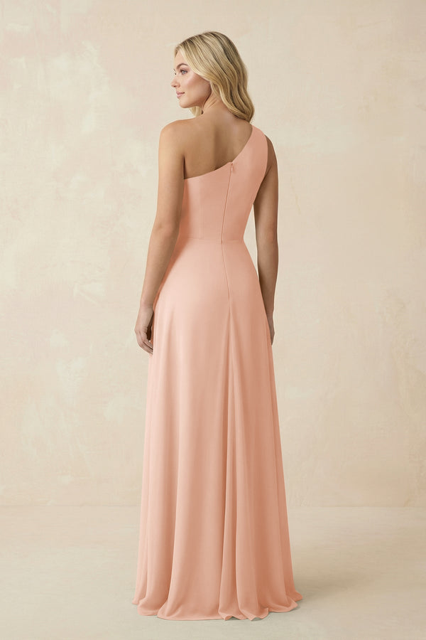 One - Shoulder Ruched A - Line Chiffon Bridesmaid Dress in English Rose - KissProm Bridesmaid Dresses