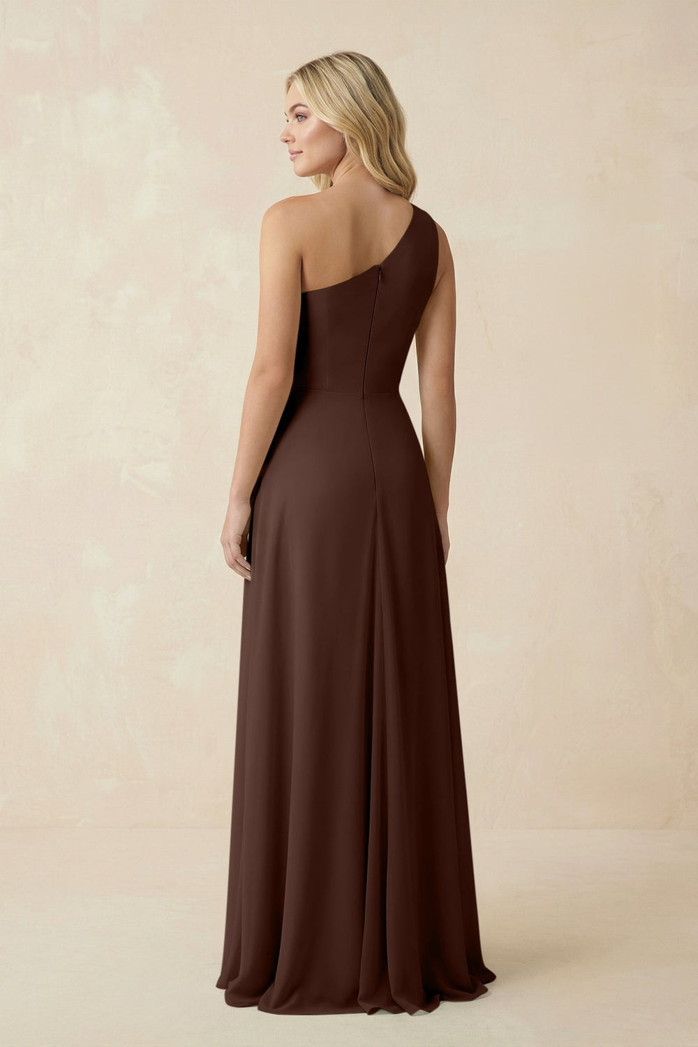 One - Shoulder Ruched A - Line Chiffon Bridesmaid Dress in Espresso - KissProm Bridesmaid Dresses