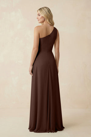 One - Shoulder Ruched A - Line Chiffon Bridesmaid Dress in Espresso - KissProm Bridesmaid Dresses