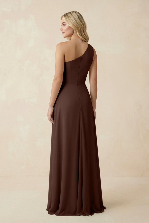 One - Shoulder Ruched A - Line Chiffon Bridesmaid Dress in Espresso - KissProm Bridesmaid Dresses