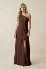 One - Shoulder Ruched A - Line Chiffon Bridesmaid Dress in Espresso - KissProm Bridesmaid Dresses
