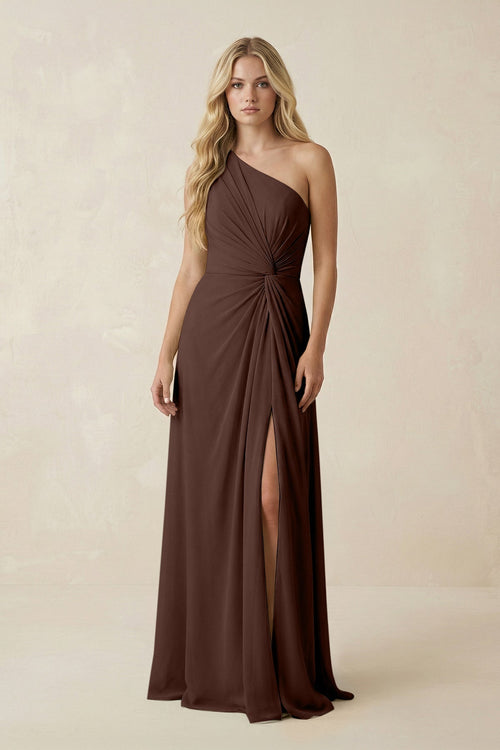 One - Shoulder Ruched A - Line Chiffon Bridesmaid Dress in Espresso - KissProm Bridesmaid Dresses
