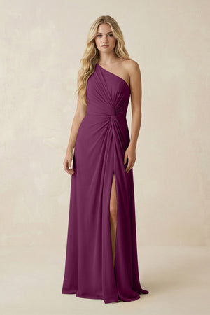 One - Shoulder Ruched A - Line Chiffon Bridesmaid Dress in Fig - KissProm Bridesmaid Dresses