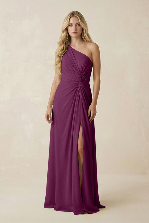 One - Shoulder Ruched A - Line Chiffon Bridesmaid Dress in Fig - KissProm Bridesmaid Dresses