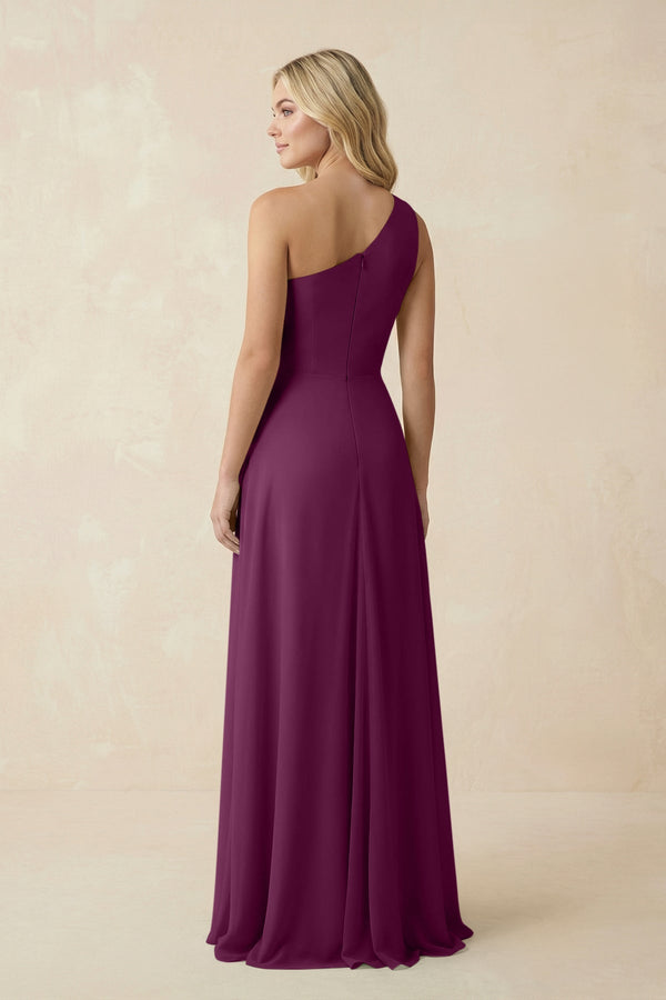 One - Shoulder Ruched A - Line Chiffon Bridesmaid Dress in Fig - KissProm Bridesmaid Dresses