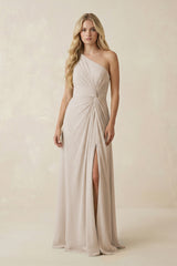 One - Shoulder Ruched A - Line Chiffon Bridesmaid Dress in Frost - KissProm Bridesmaid Dresses