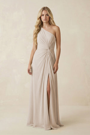 One - Shoulder Ruched A - Line Chiffon Bridesmaid Dress in Frost - KissProm Bridesmaid Dresses