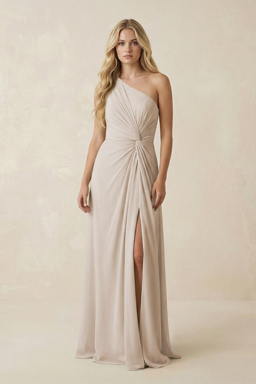 One - Shoulder Ruched A - Line Chiffon Bridesmaid Dress in Frost - KissProm Bridesmaid Dresses