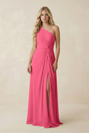 One - Shoulder Ruched A - Line Chiffon Bridesmaid Dress in Fuchsia - KissProm Bridesmaid Dresses