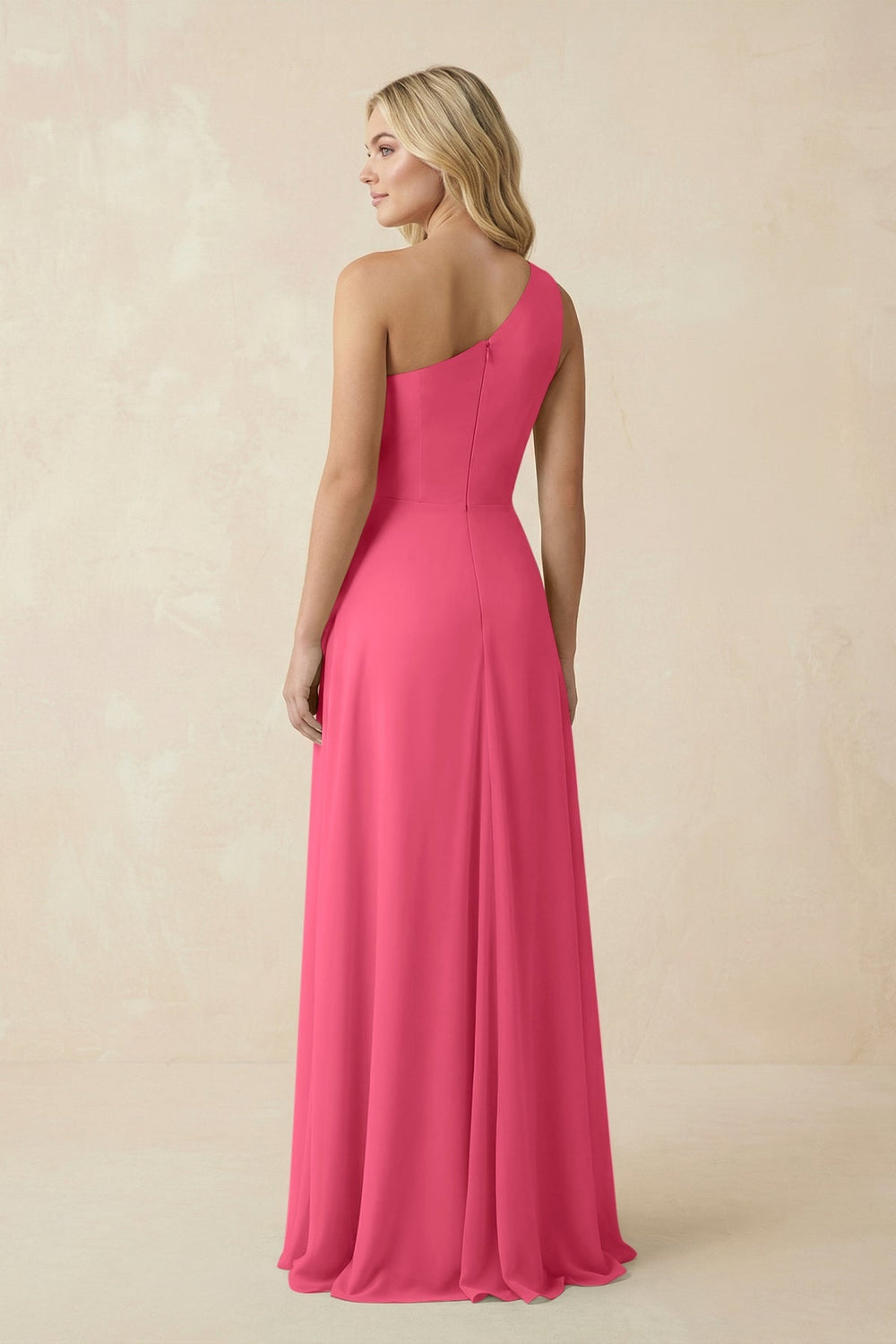 One - Shoulder Ruched A - Line Chiffon Bridesmaid Dress in Fuchsia - KissProm Bridesmaid Dresses