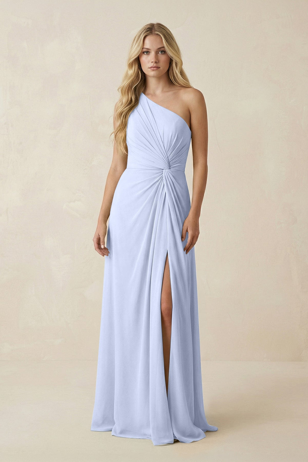 One - Shoulder Ruched A - Line Chiffon Bridesmaid Dress in Ice - KissProm Bridesmaid Dresses