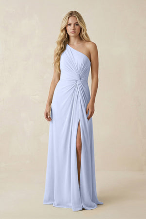 One - Shoulder Ruched A - Line Chiffon Bridesmaid Dress in Ice - KissProm Bridesmaid Dresses