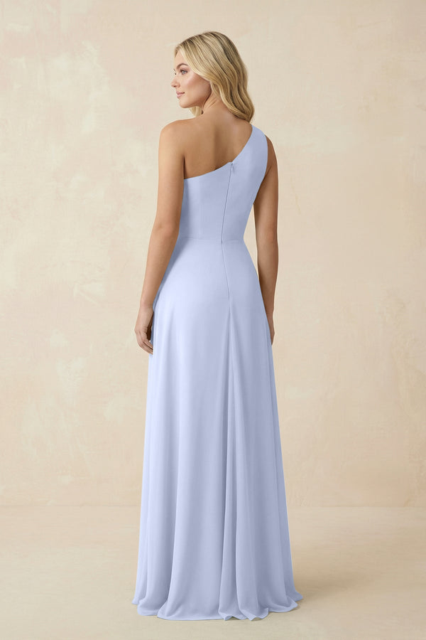 One - Shoulder Ruched A - Line Chiffon Bridesmaid Dress in Ice - KissProm Bridesmaid Dresses