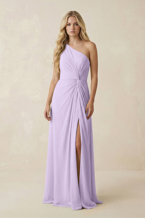 One - Shoulder Ruched A - Line Chiffon Bridesmaid Dress in Lavender - KissProm Bridesmaid Dresses