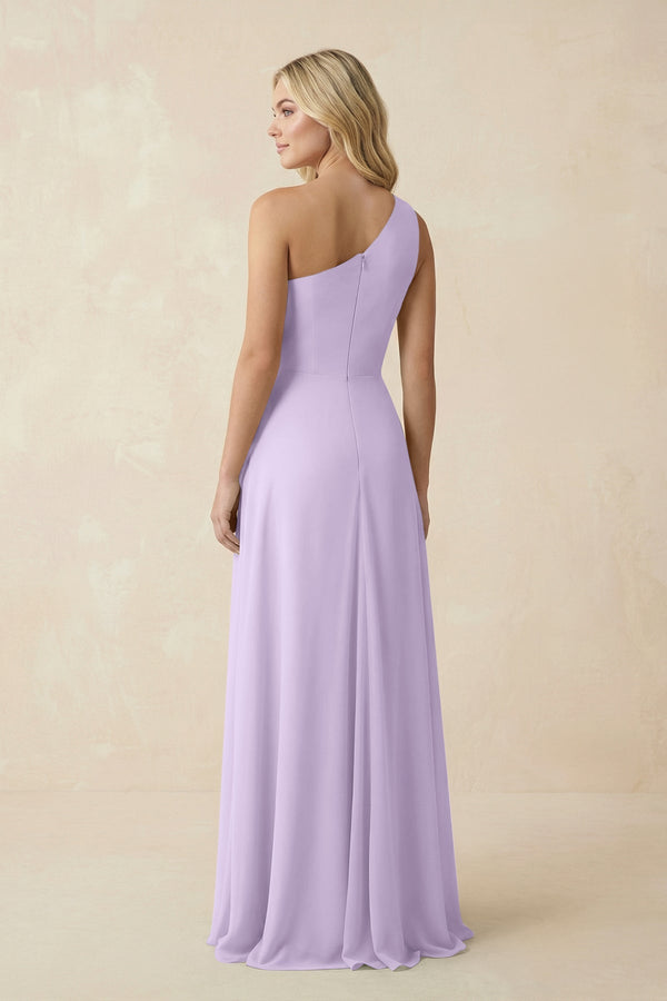 One - Shoulder Ruched A - Line Chiffon Bridesmaid Dress in Lavender - KissProm Bridesmaid Dresses