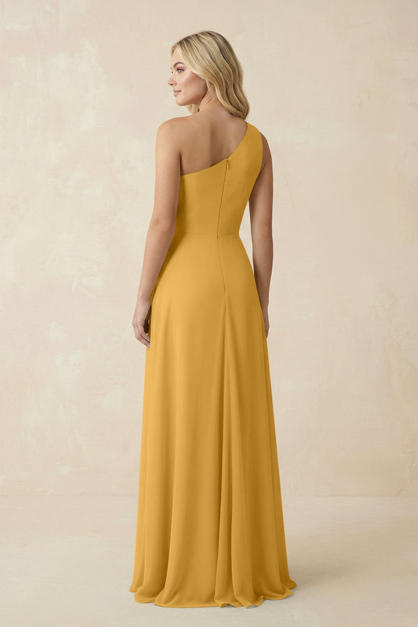 One - Shoulder Ruched A - Line Chiffon Bridesmaid Dress in Marigold - KissProm Bridesmaid Dresses