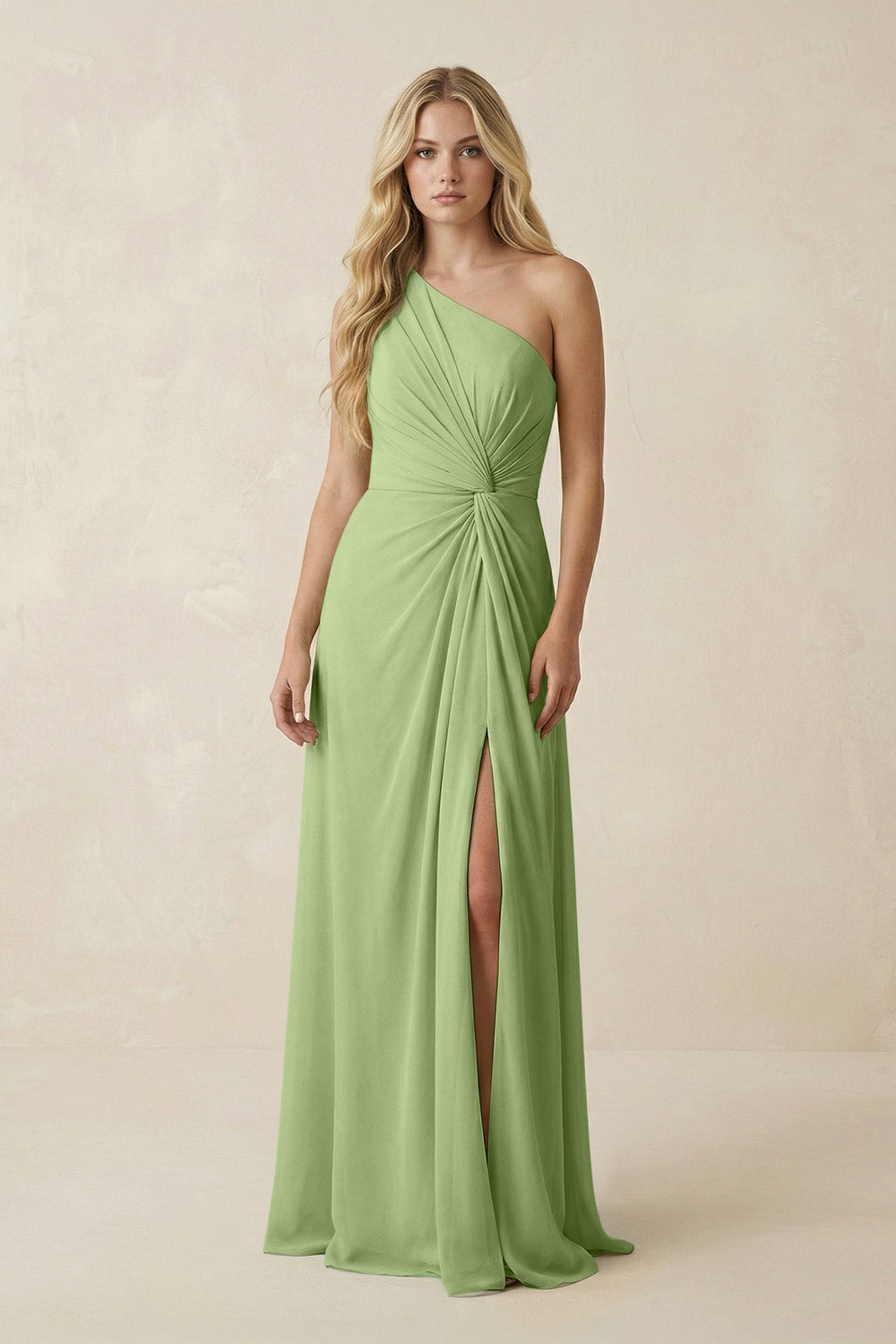 One - Shoulder Ruched A - Line Chiffon Bridesmaid Dress in Matcha - KissProm Bridesmaid Dresses