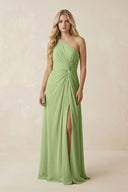 One - Shoulder Ruched A - Line Chiffon Bridesmaid Dress in Matcha - KissProm Bridesmaid Dresses
