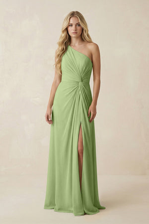 One - Shoulder Ruched A - Line Chiffon Bridesmaid Dress in Matcha - KissProm Bridesmaid Dresses