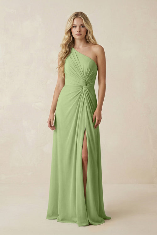 One - Shoulder Ruched A - Line Chiffon Bridesmaid Dress in Matcha - KissProm Bridesmaid Dresses